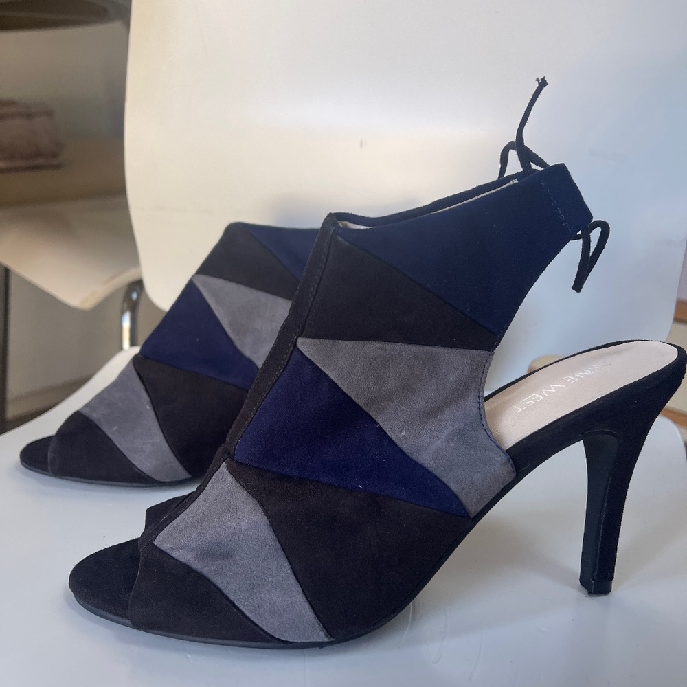 Blue/Black/Gray Patchwork Open-Toed Slingback Hee… - image 1